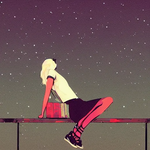 Prompt: a woman in a skirt sitting on a park bench, night sky, digital art, by conrad roset, trending on artstation, highly detailed, atmospheric