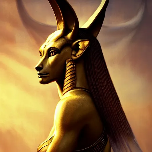 Image similar to majestic gracious regal female anubis warrior portrait, ancient egypt, atmospheric lighting, painted, menacing, intricate, volumetric lighting, beautiful, rich deep colours masterpiece, golden hour, golden ratio, sharp focus, ultra detailed, by leesha hannigan, ross tran, thierry doizon, kai carpenter, ignacio fernandez rios