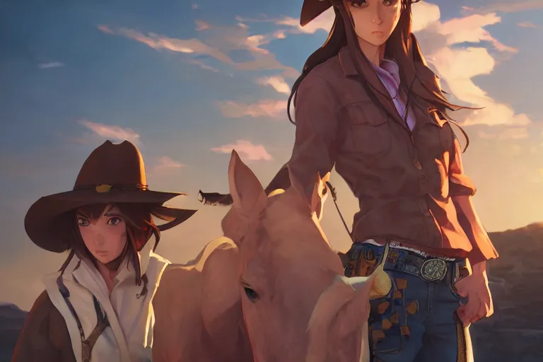 Image similar to western cowgirl, single subject, scenic full shot, ambient lighting, detailed face, by makoto shinkai, stanley artgerm lau, wlop, rossdraws