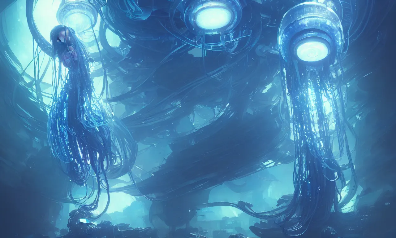 Image similar to cyberpunk jellyfish, blue tones, underwater, 360, highly detailed, digital painting, artstation, concept art, smooth, sharp focus, illustration, art by greg rutkowski and alphonse mucha