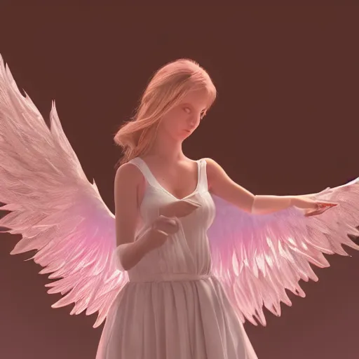 Prompt: an angel with pink wings and white dress holding a wand, cenimatic lighting, hyper realistic, path tracing, fantasy art