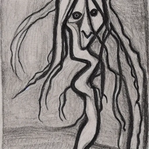 Image similar to unified by erich heckel. a beautiful drawing of a human - like creature with long, stringy hair. the figure has no eyes, only a mouth with long, sharp teeth. the creature is standing on a cliff overlooking a dark, foreboding sea.