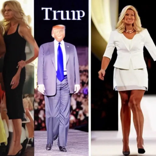 Image similar to donald trump flaunting it runway style in women's clothing now that he has come out as male to female transgender