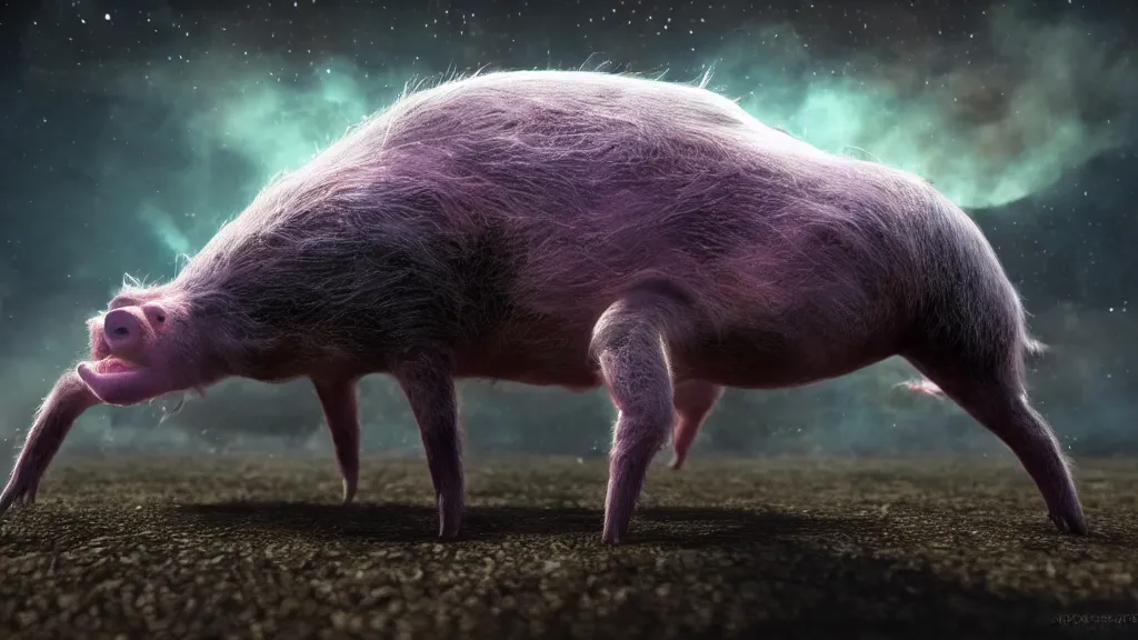 Image similar to spider pig hybrid on a planet. close bottom view. whole body. nebula background. cinematic composition. cinematic lightning. ultra realistic. 8 k. highly detailled. deep space. ultra realistic details. cinematic atmosphere. studio lighting. shadows. dark background.