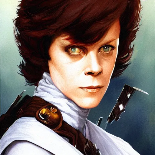 Prompt: sigourney weaver ( young ) as a d & d fighter, character portrait by wlop