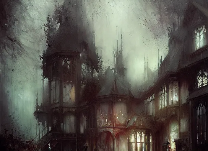 Image similar to flooded gothic mansion, ornate, magical, artwork, paint, soft colors, bastien lecouffe deharme, by jeremy mann