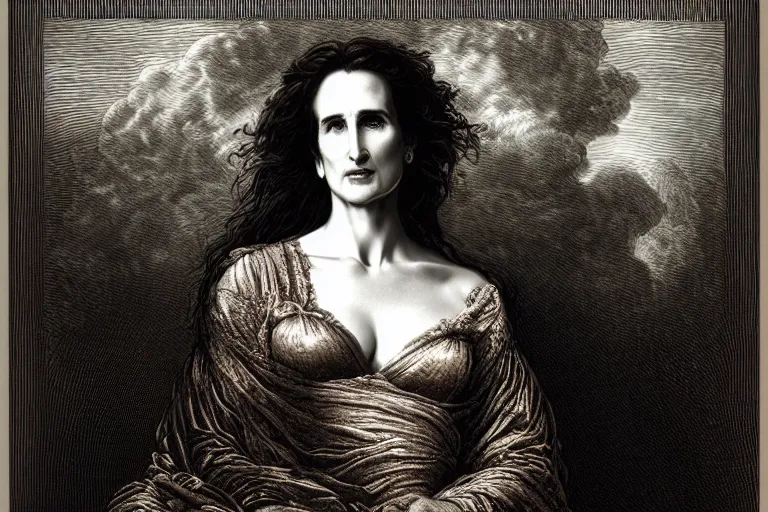 Prompt: andie macdowell portrait by gustave dore and dan mumford, museum print of copper plate etching