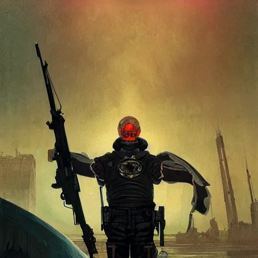 Image similar to portrait of rubbery, gaunt albino mutant with moist skin, sharp features, large lips, huge black eyes and determined expression, wearing fascist Byzantine police uniform and standing on cyberpunk docks, Dune concept art by Anato Finnstark, Alphonse Mucha, and Greg Rutkowski