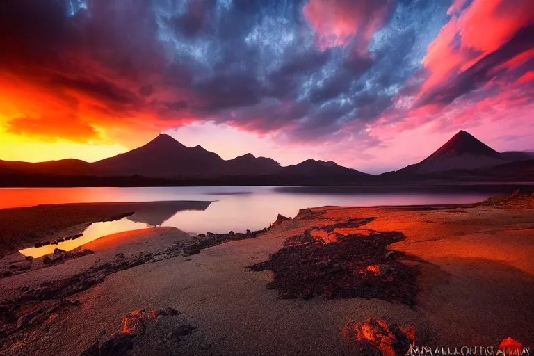 Image similar to amazing landscape photo of volcanic mountains with an eagle and lake in sunset by marc adamus beautiful dramatic lighting