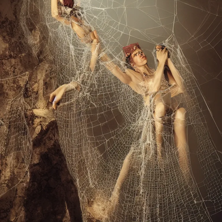 Prompt: octane render portrait by wayne barlow and carlo crivelli and glenn fabry and salvador dali and wes anderson, a beautiful woman in a long flowing dressed trapped caught inside a giant spider web stretching between buildings in a scenic european city, ray traced lighting, very short depth of field, bokeh