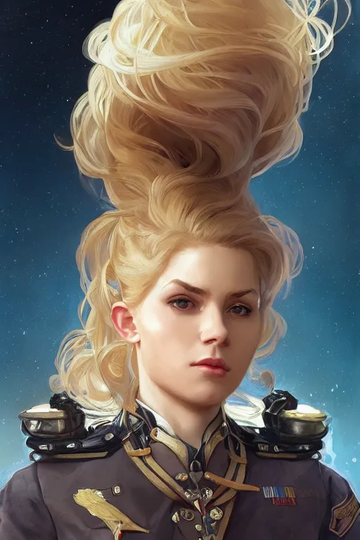 Prompt: beautiful portrait of a female officer wearing a fancy naval uniform, art by artgerm, wlop, craig mullins, alphonse mucha, science fiction, intricate detail, blonde hair, space background, trending on artstation, sharp focus, illustration, caustics, octane render, radiant light, 4 k