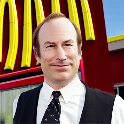 Prompt: Bob Odenkirk works at Mcdonalds, background of McDonalds interior