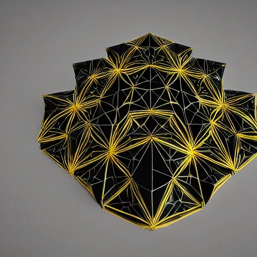 Image similar to procedural chaotic pattern of 3 d hexadonal scifi architecture, reflective black and gold, inspired by deus ex human revolution, render in octane