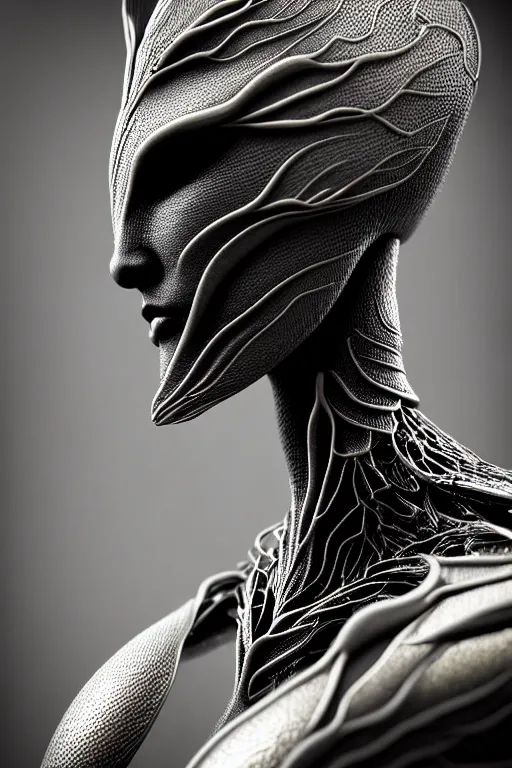 Image similar to bw close - up profile face, black background, beautiful young porcelain vegetal - dragon - cyborg - female, 1 5 0 mm, beautiful natural soft rim light, silver gold details, magnolia leaves and stems, roots, mandelbot fractal, elegant, ultra detailed, white metallic armour, octane render, h. r. giger style