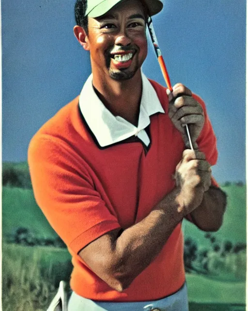 Prompt: a portrait of a 1 9 6 0 s hippie looking like tiger woods
