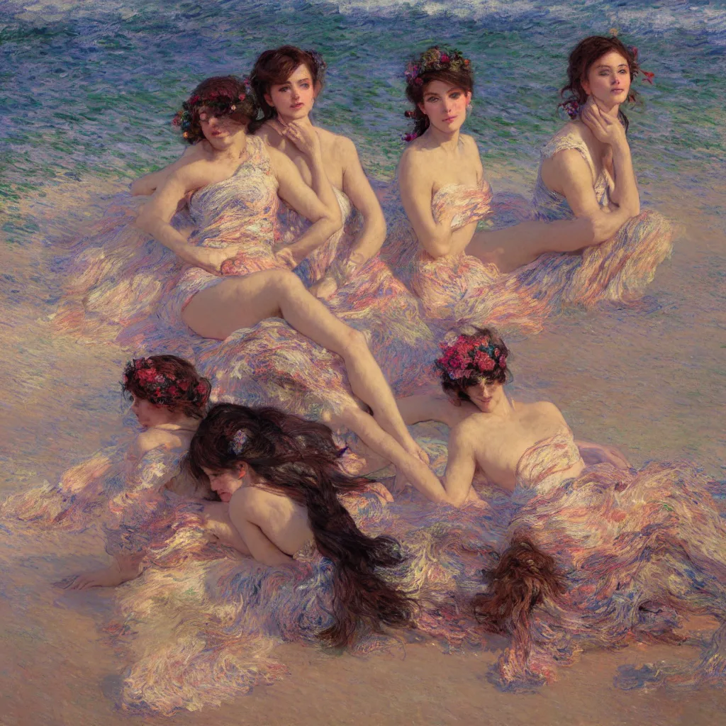 Image similar to illustration studio portrait of three beautiful girl in an artistic pose resting in the beach, monet painterly motives and textures pattern, hyper detailed, octane render, vivid colors, artstation, by jeremy mann, by alphonse mucha, by monet