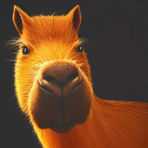 Prompt: a portrait of a capybara wearing, anatomically correct, beautiful perfect face, oil painting, matte, black background, volumetric dynamic lighting, highly detailed, cinematic lighting, unreal engine, 8 k, hd