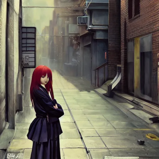 Image similar to a perfect, realistic professional acryl painting of a Japanese schoolgirl posing in a dystopian alleyway, style of Marvel, full length, by a professional American senior artist on ArtStation, a high-quality hollywood-style concept