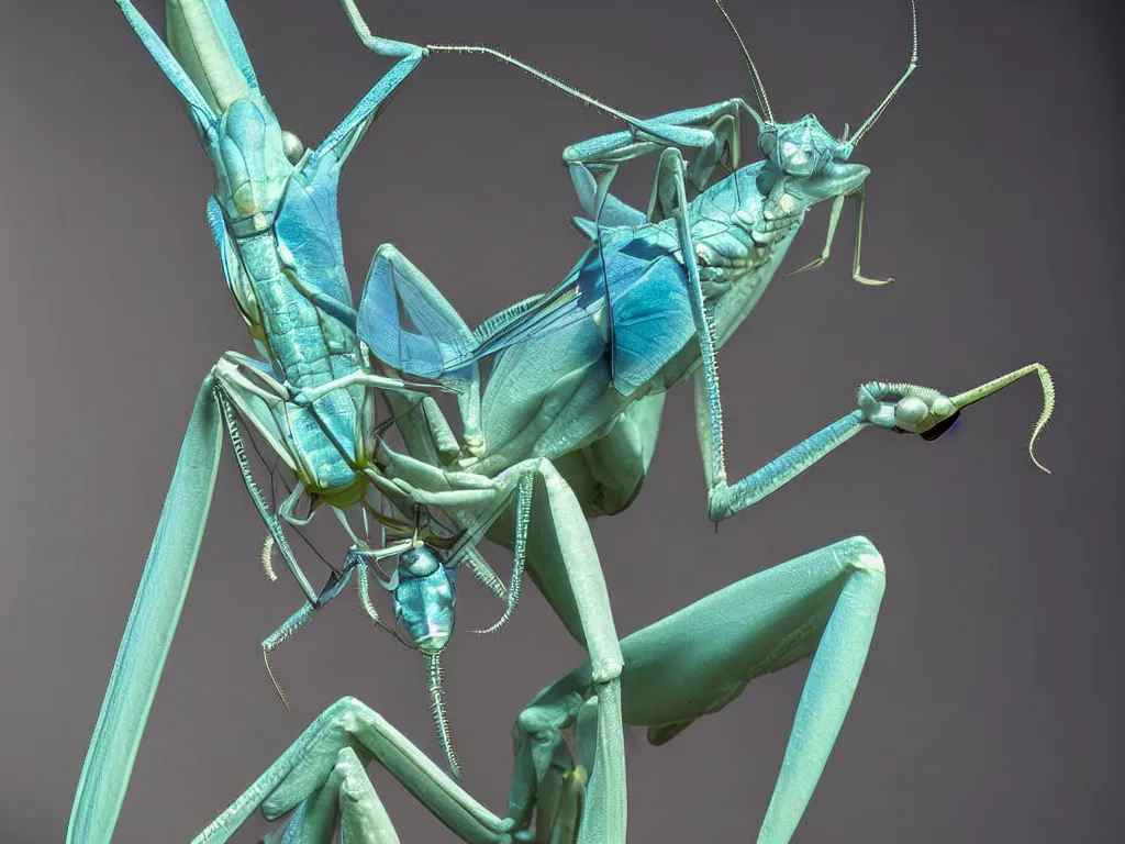 Image similar to close - up of a blue praying mantis. orchid mantis standing. petri dish art. subsurface scattering, translucency, backlit, diffused, smooth. studio photography high quality highly detailed award winning photograph by national geographic, by slim aarons. complementary color scheme. ( sculpture by antonio canova )