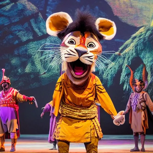 Image similar to bad mascot costumes in the lion king stage show at disneyland, covered outdoor stage, theatrical lighting, iphone video