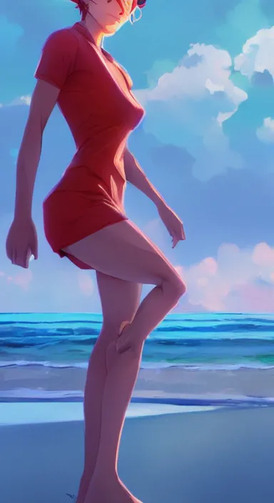 Prompt: lois van baarle, artgerm, helen huang, by makoto shinkai and ilya kuvshino, rossdraws, illustration, art by ilya kuyshuno. cute scarlet red haired cyborg woman, steel gray body, denim shorts, at beach at sunset, beautiful face, smile, elegant, exaggerated proportions, looking at me