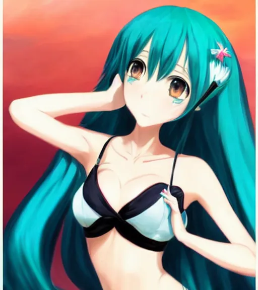 Prompt: Anime art very beautiful Hatsune miku by Gil Elvgren, Vladimir Volegov, Earl Moran, Enoch Bolles, symmetrical shoulders, tiny black bra