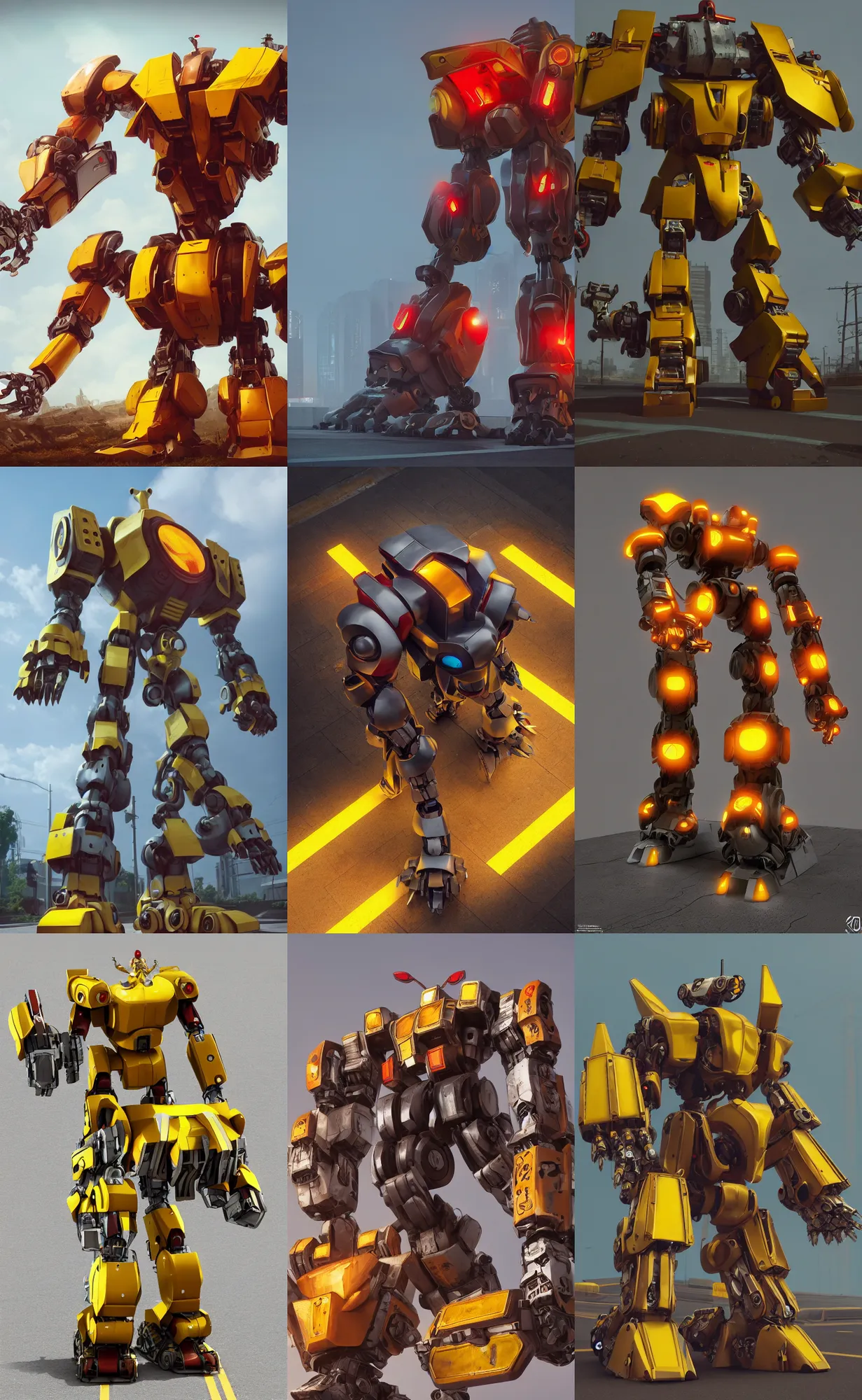 Prompt: giant mecha gladiator robot wearing yellow road signs and a red stop sign on its head, character design trending on artstation, mecha, unreal engine, octane render, detailed model, hardsurface modelling, epic battle