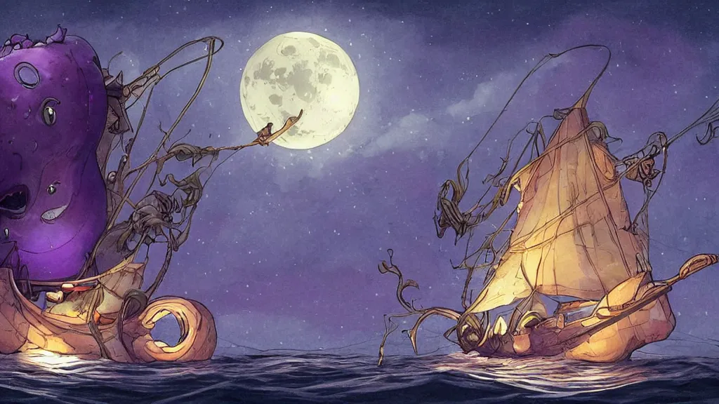 Image similar to a giant!!!! anglerfish!!!! at the surface of the water meets a lantern - holding!!!! sailor!!!! on a ( sloop ), ( background with large full moon and purple sky ), in the styles of tom coletti, jorge jacinto, and thomas veyrat intricate, accurate details