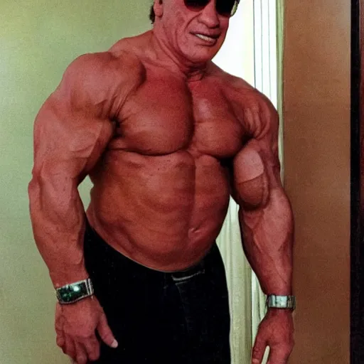 Prompt: what if danny de vito had arnold schwarzenegger's body, photo, flexing, realistic, detailed