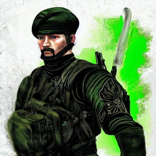 Image similar to russian warrior in a black uniform with a green beret digital art, 8 k, character, realism, anime, portrait