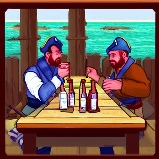 Image similar to Three important pirates drinking grog in a tavern table 16 bit computer art