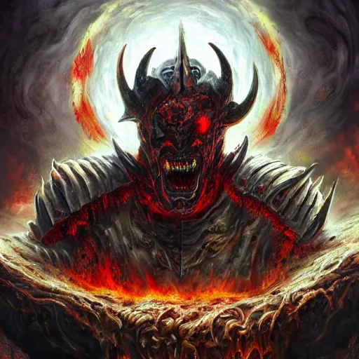 Prompt: inferno demon lord of torment in heavy molten armor, artstation hall of fame gallery, editors choice, #1 digital painting of all time, most beautiful image ever created, emotionally evocative, greatest art ever made, lifetime achievement magnum opus masterpiece, the most amazing breathtaking image with the deepest message ever painted, a thing of beauty beyond imagination or words