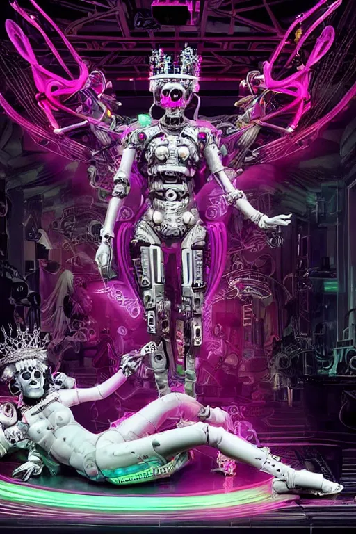 Image similar to full-body rococo and cyberpunk style neon statue of a young attractive portugues macho dotado e rico android sim roupa reclining con piroca dura, glowing white laser eyes, prince crown of pink gears, diamonds, swirling silver-colored silk fabric. futuristic elements. full-length view. space robots. human skulls. intricate artwork by caravaggio. Trending on artstation, octane render, cinematic lighting from the right, hyper realism, octane render, 8k, depth of field, 3D