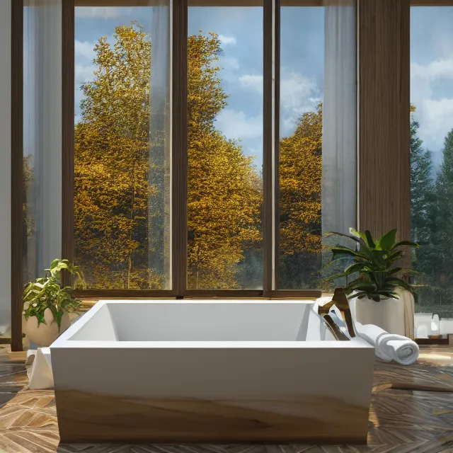 Image similar to post and beam bathroom interior, bathtub with golden faucet, wood cabinets, marble floor, large window in back with new hampshire fall foliage river view, large potted plant, realistic, unreal engine render, octane render, hyper realistic, photo, 8 k