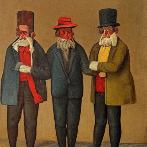 Prompt: painting of three very sad men going to the circus, high detail