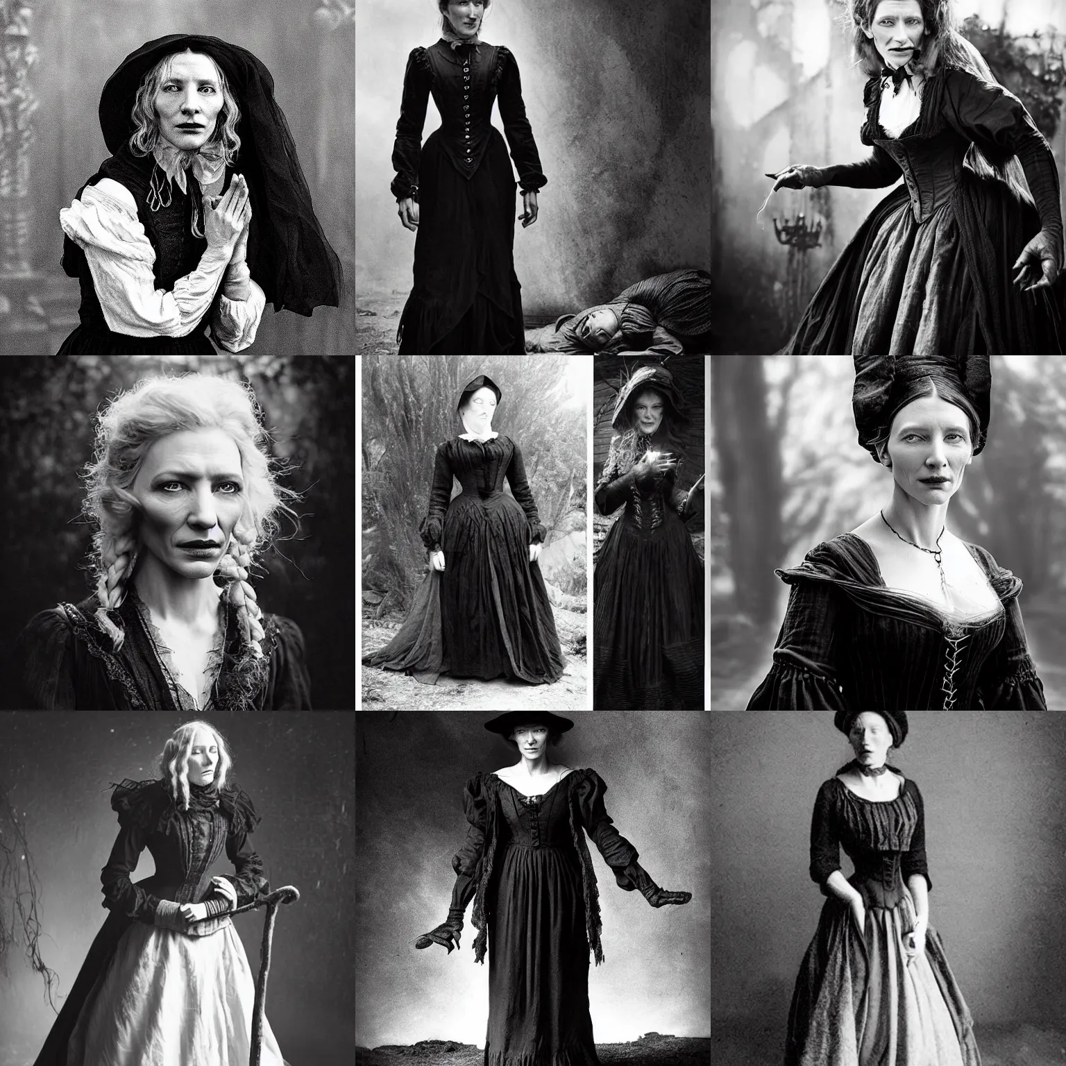 Prompt: hunchbacked, 19th century witch looks similar to Cate Blanchett, dressed in a black dress, cinematic lighting, highly detailed, black-and-white, realistic, antique photography