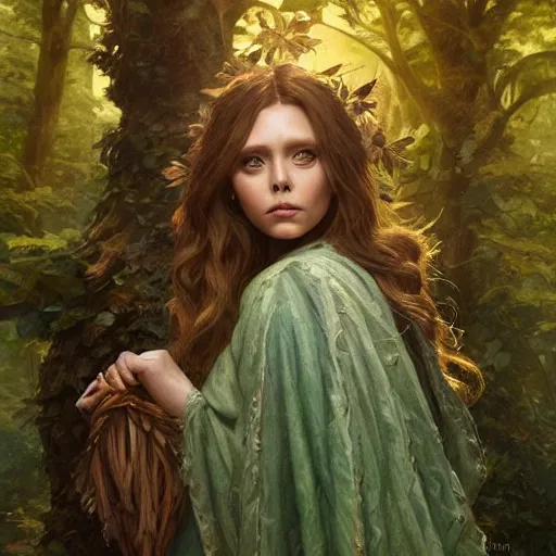Prompt: a painting of Elizabeth Olsen tree druid with leaf themed clothing, fully clothed, D&D, fantasy, intricate, cinematic lighting, highly detailed, digital painting, artstation, concept art, smooth, sharp focus, full body, illustration, art by Artgerm and Greg Rutkowski and Alphonse Mucha