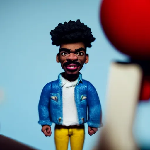 Image similar to a cinematic film still of a claymation stop motion film starring chance the rapper as a college student, shallow depth of field, 8 0 mm, f 1. 8