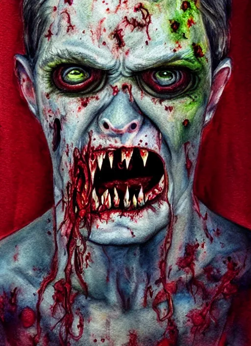 Image similar to zombie hollywood professional acting headshot, hyperrealism, intricate detailed, studio lighting, charming expression gesicht, watercolor art, drawn and painted, colored layers, dulled contrast, exquisite fine art