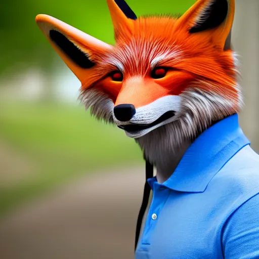 Image similar to anthropomorphic vulpes vulpes fulva wearing polo shirt and cargo shorts, male with lip piercing and blue eyes, 4 k