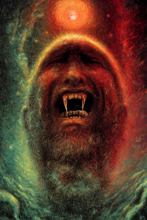 Image similar to an old fractal man screams and a tornado comes out of his mouth by artgem and les edwards, gustave dore, highly detailed, high contrast, light reflection, trippy, nebula, trending on artstation