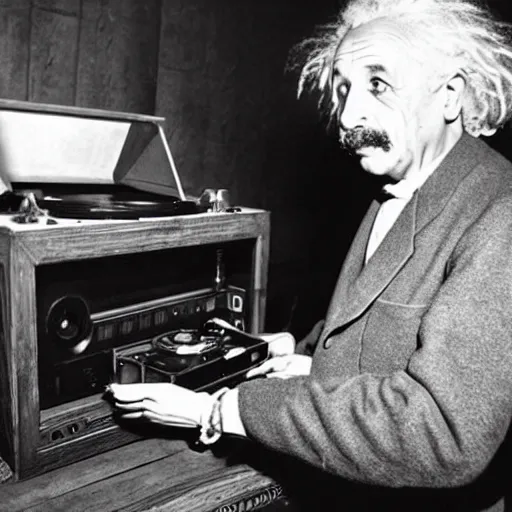 Image similar to photo of Albert Einstein DJing a record player at a nightclub, vintage, highly detailed facial features, at a nightclub