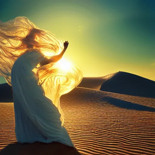 Image similar to filmstill photography of female body silhouette covered with curly white translucent blanket blowing in wind, acrylic liquid colors, luxurious supermodel photoshooting, golden jewelry, bokeh, godrays, strong wind, wrinkles, sunrays, sunset, lens flares, monet, renoir, cold colors, digital illustration, art noveau, liquid marbling painting, sand dunes