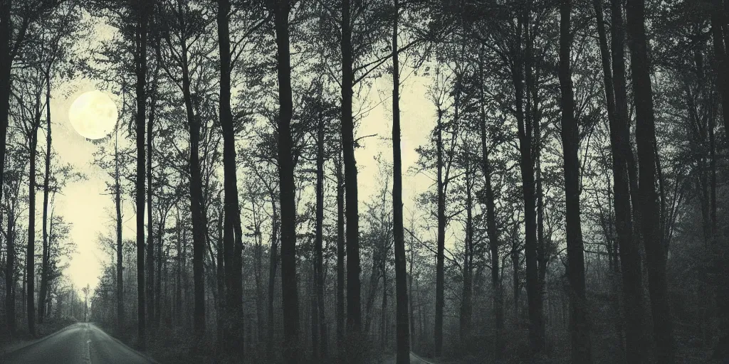 Prompt: night, road between tall trees, dense forest, dark night, moon