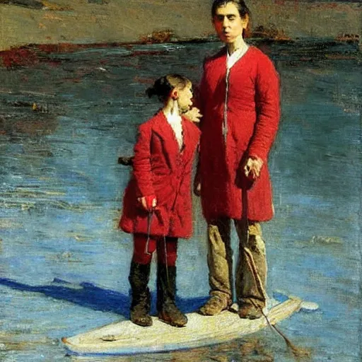 Image similar to red 🧥 ♀ in an adventure, by thomas eakins