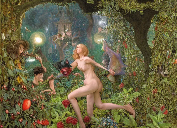 Image similar to jim henson's labyrinth. hedge maze. lush orchard, with strange fruit trees. fairies fight with hummingbirds for nectar. edgar maxence and caravaggio and michael whelan and delacroix style, artistic, intricate painting, cinematic lighting, hyper realistic, extremely detailed, vivid colors, establishing shot, dramatic lighting