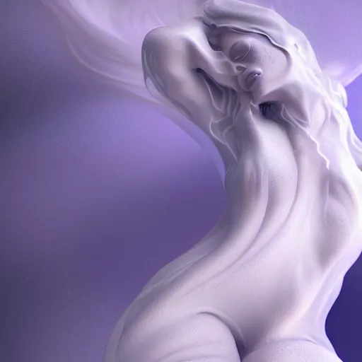 Image similar to 3 d fluid simulation render, octane render, xparticles, white colors, female bodies, female body covered in white blanket, white carved abstract sculpture, amethyst mineral quartz, swirly curls, abstract white fluid, golden edges and fractals, cold colors, artstation,