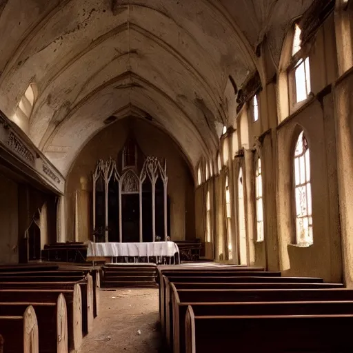 Prompt: abandoned church interior, early 1 8 0 0 ’ s, light beaming in through a crack on the ceiling, a mysterious figure stands on the alter, ultra realistic, 8 k, movie still