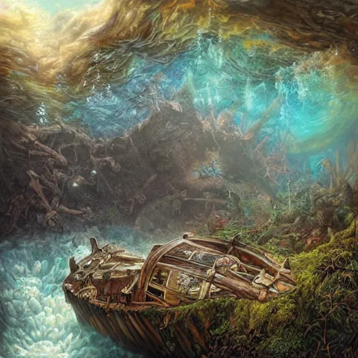 Image similar to a pirateship wreck in a crystal gorge, river running thru the middle, by tomasz alen kopera and Justin Gerard