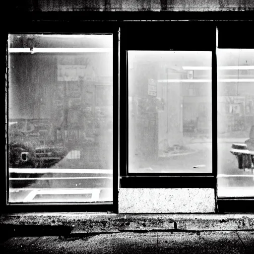 Prompt: a convenience store with shards of its window glass broken, ransacked supplies, in a town filled with pale yellow mist. Dystopian. End of the world. grain. Documentary photo. Sigma 40mm f/1.4 DG HSM